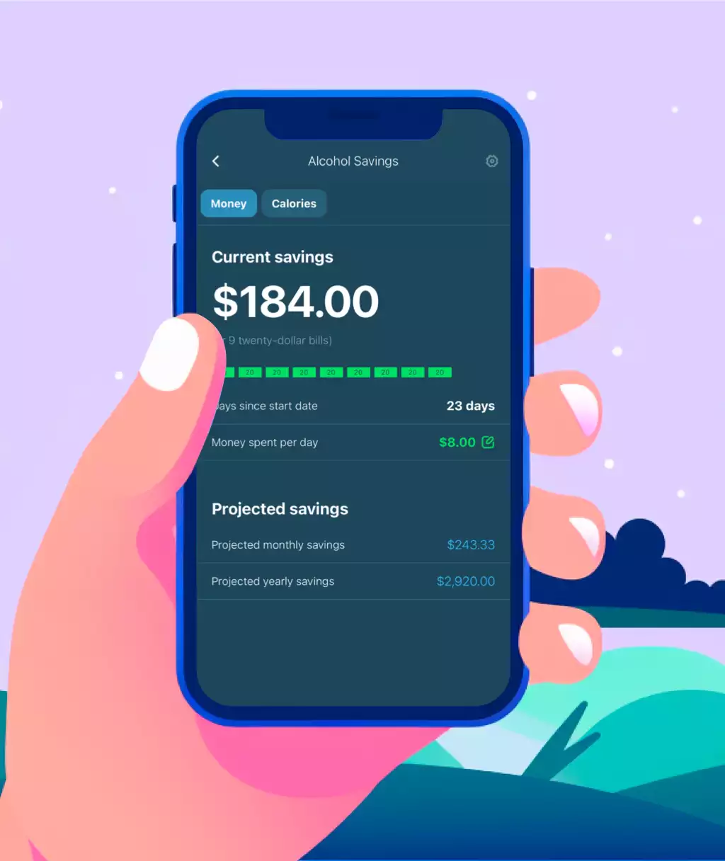 An illustrated screenshot of the app's savings detail page.